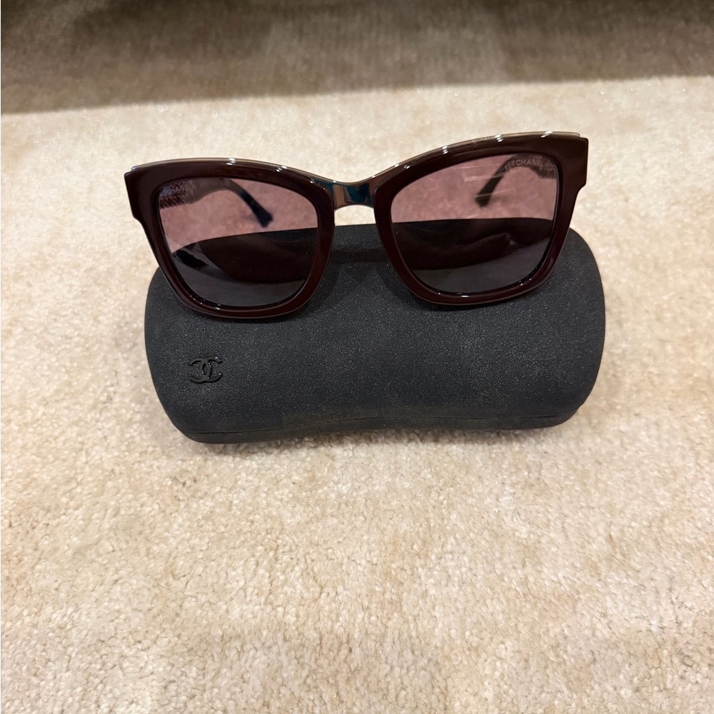 CHANEL Burgundy Women's Cat-Eye Sunglasses with Black Case